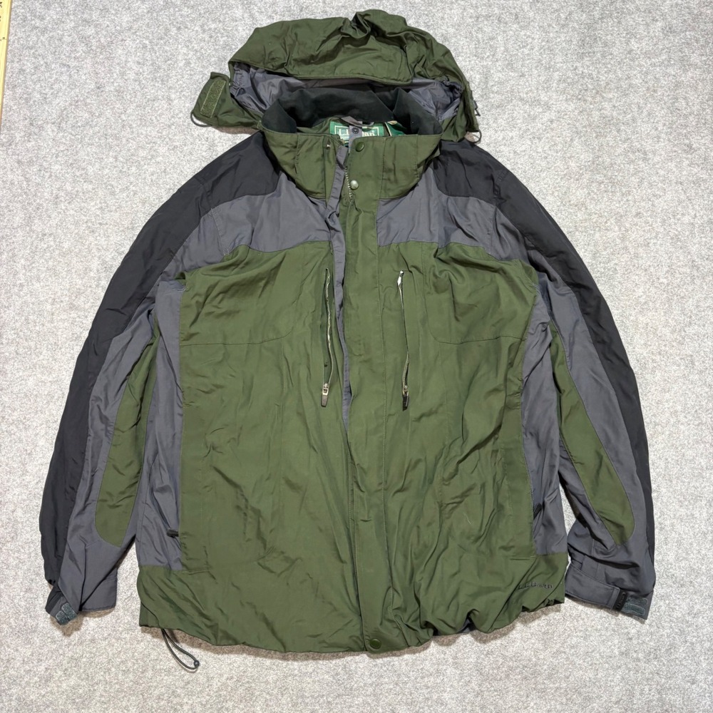 LL Bean Mens Hooded Ripstop Technical Jacket Green Grey Full Zip Outdoor Coat